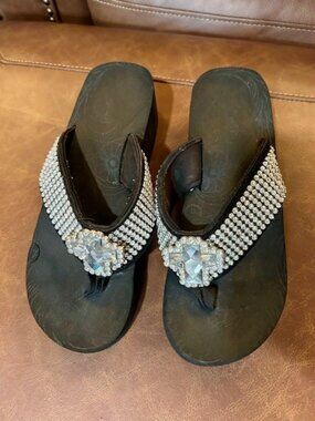 Black Rhinestone Wedge Flip Flops | Size 8 | Sparkly Platform Sandals
